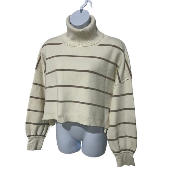 Free People Paulie Cropped Turtleneck Sweater Cream Beige Stripe  Women's Large - Picture 4 of 14